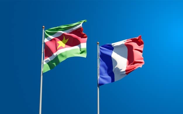 mooie nationale vlaggen van frankrijk en suriname samen aan de hemel 337817 28